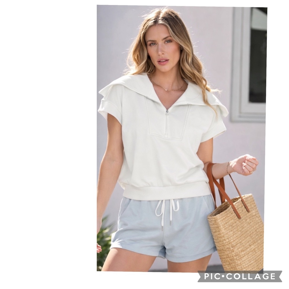 NEW MEROKEETY RAYON BLEND HALF ZIP LAPEL COLLAR SHORT SLEEVE SWEATSHIRT